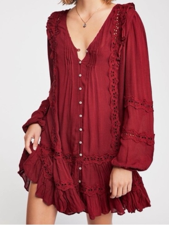 Free People Dresses & Skirts - Free People Burgundy Button-Front Ruffle Mini Dress